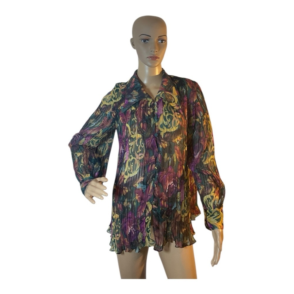 Women’s Vintage Multicolor Sheer Mesh Floral Shirt  Blouse Size Large.
